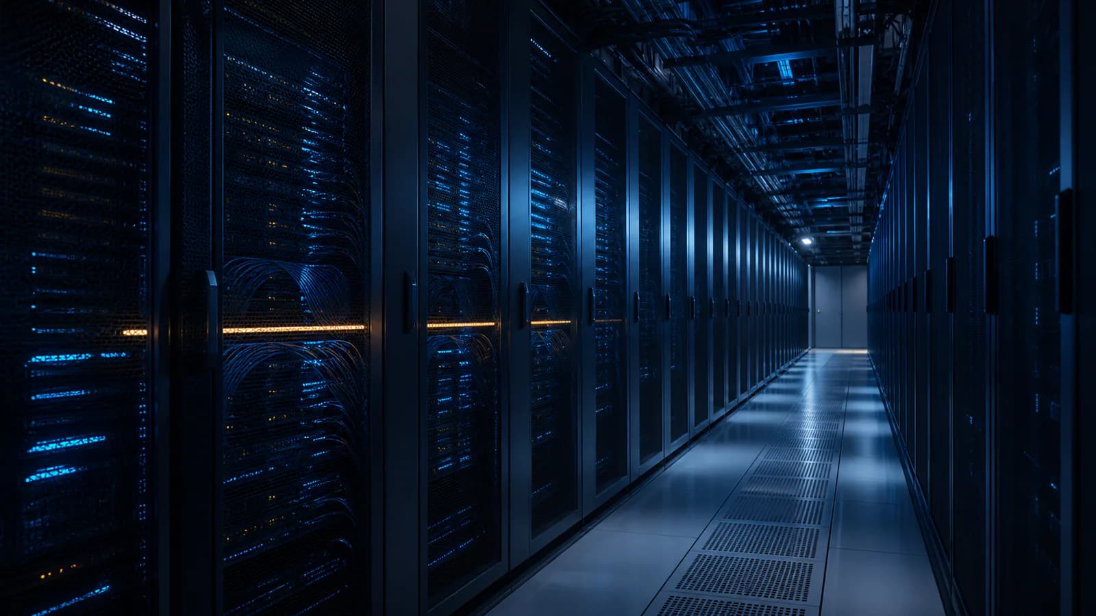 Gang in einem Rechenzentrum mit Serverschränken für Hosting und Betrieb
