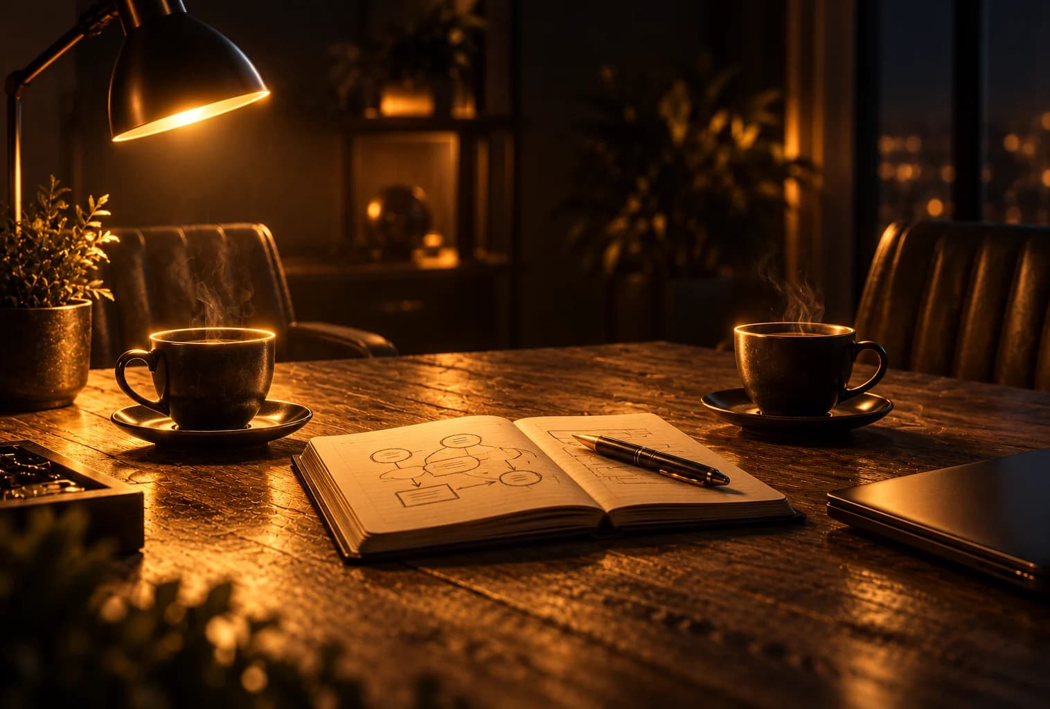 Zwei Kaffeetassen und ein Notizbuch mit Skizze auf einem Tisch – ein direkter Ansprechpartner