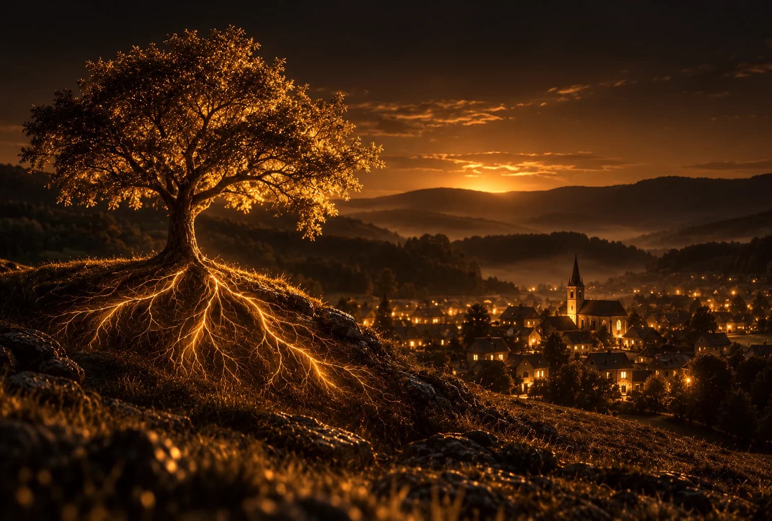 Baum mit leuchtenden Wurzeln über einem Dorf mit Kirchturm in der Hügellandschaft – verwurzelt in Leversbach
