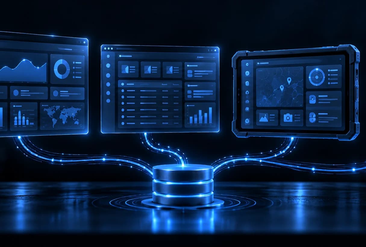 Web-App, internes Werkzeug und Tablet-App einer individuellen Software greifen auf eine gemeinsame Datenbasis zu