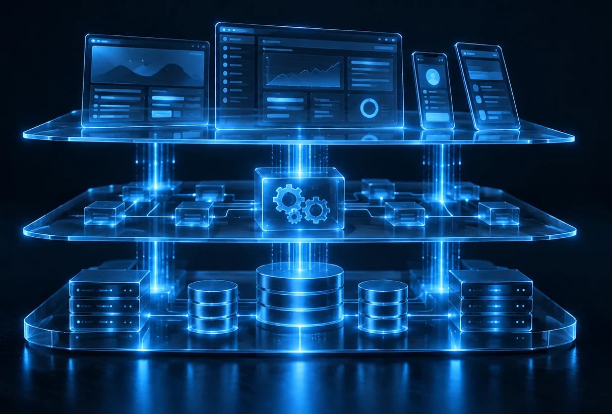 Softwarearchitektur in drei Ebenen: Oberfläche, Logik und Daten, verbunden durch stabile Säulen