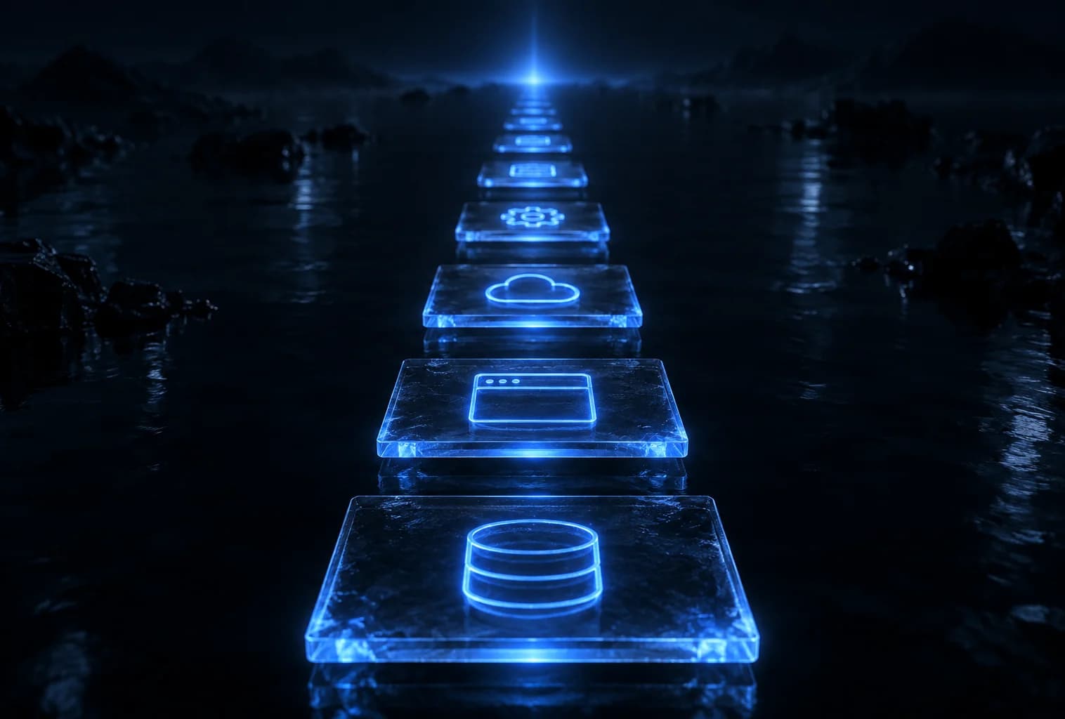 Weg aus Glasplatten mit Symbolen für Datenbank, App, Cloud und Einstellungen, der in die Ferne führt