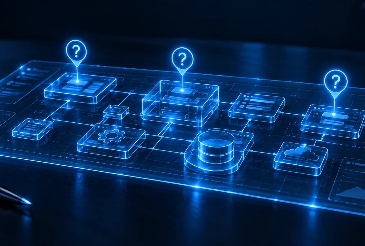 Bauplan einer Software mit Fragezeichen an einzelnen Modulen – häufige Fragen zur Individualsoftware