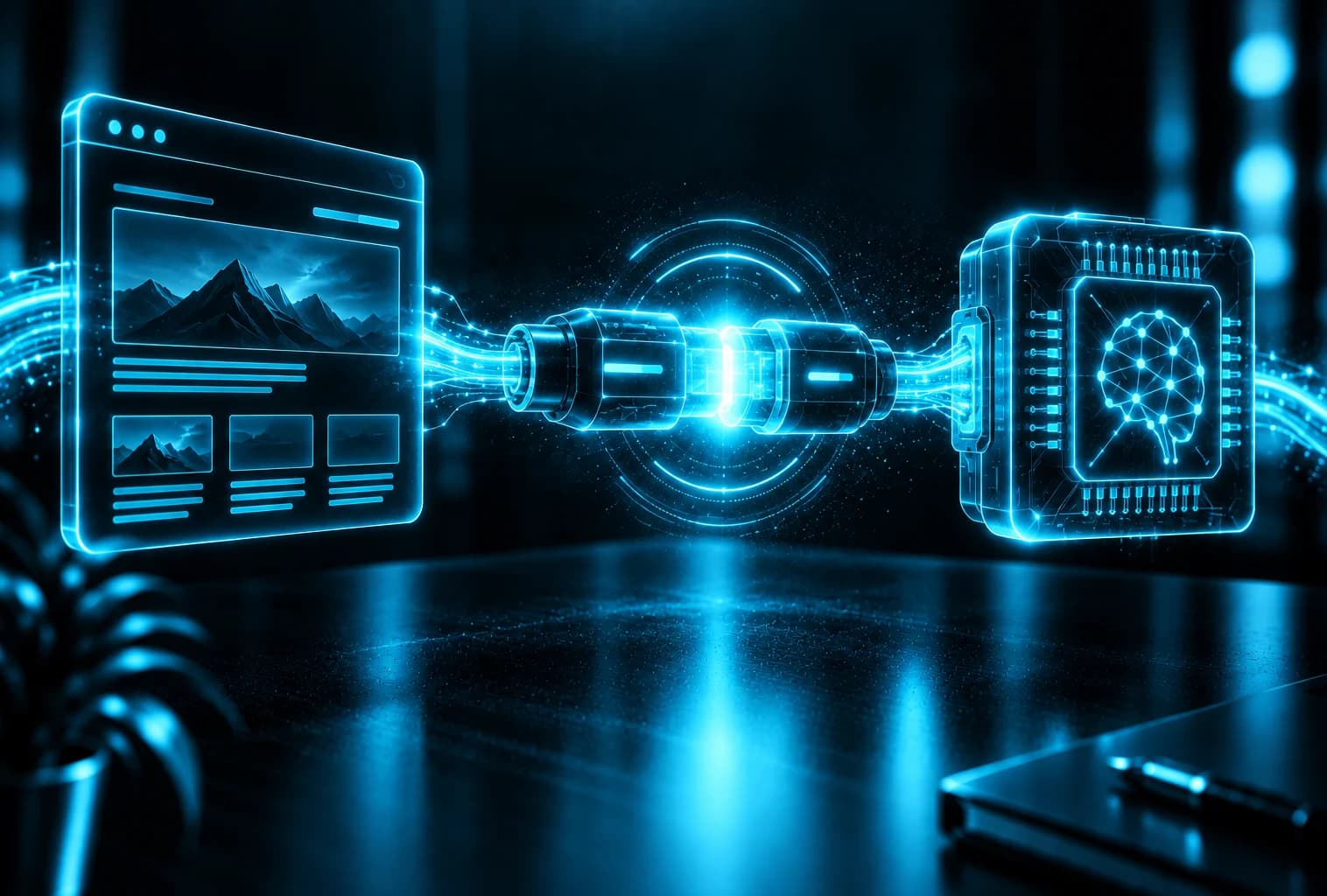 Website und KI-Chip werden über einen Stecker verbunden – die MCP-Verbindung steht
