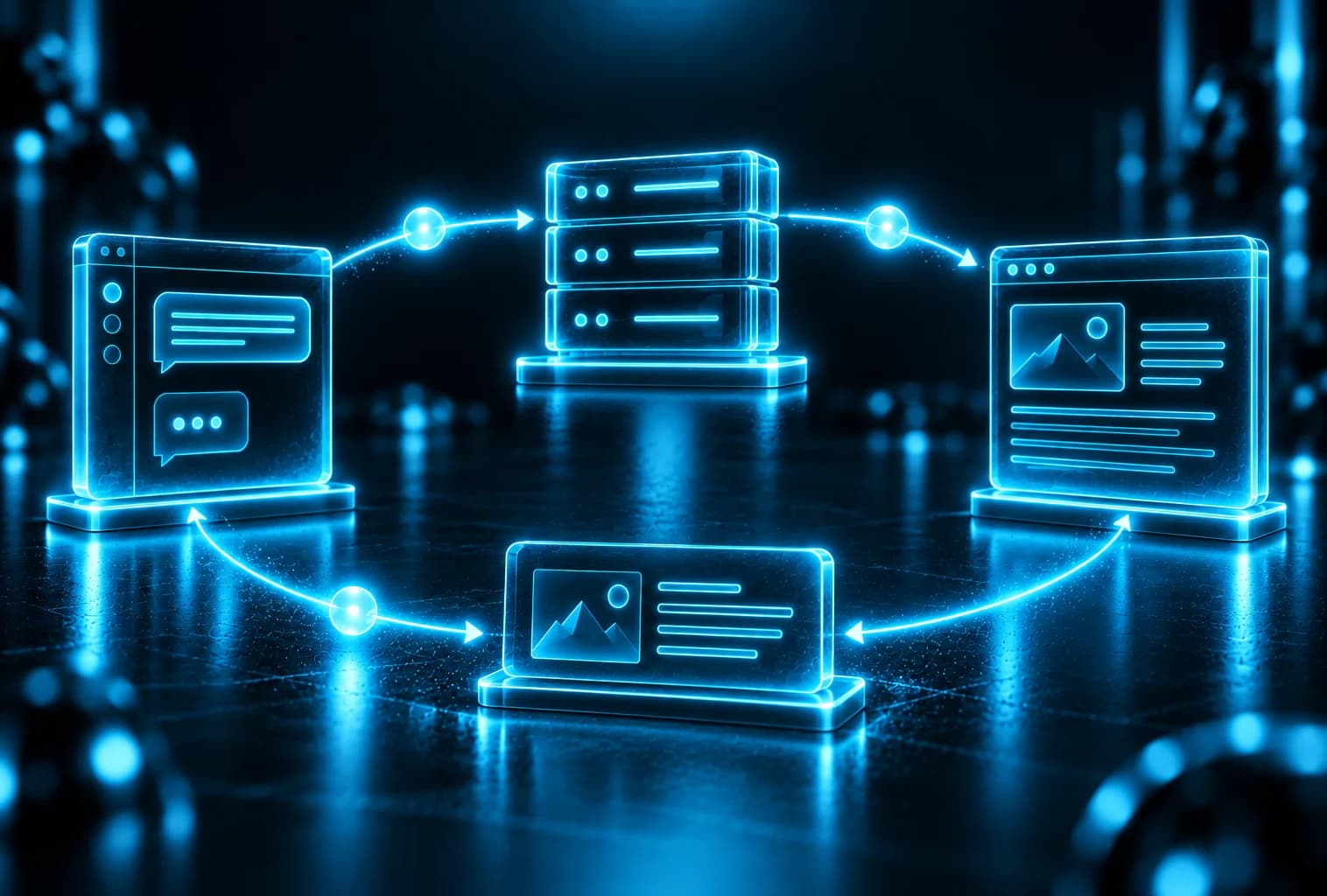 Kreislauf einer Suche: vom Chat über den Server zur Website und als Ergebnis zurück