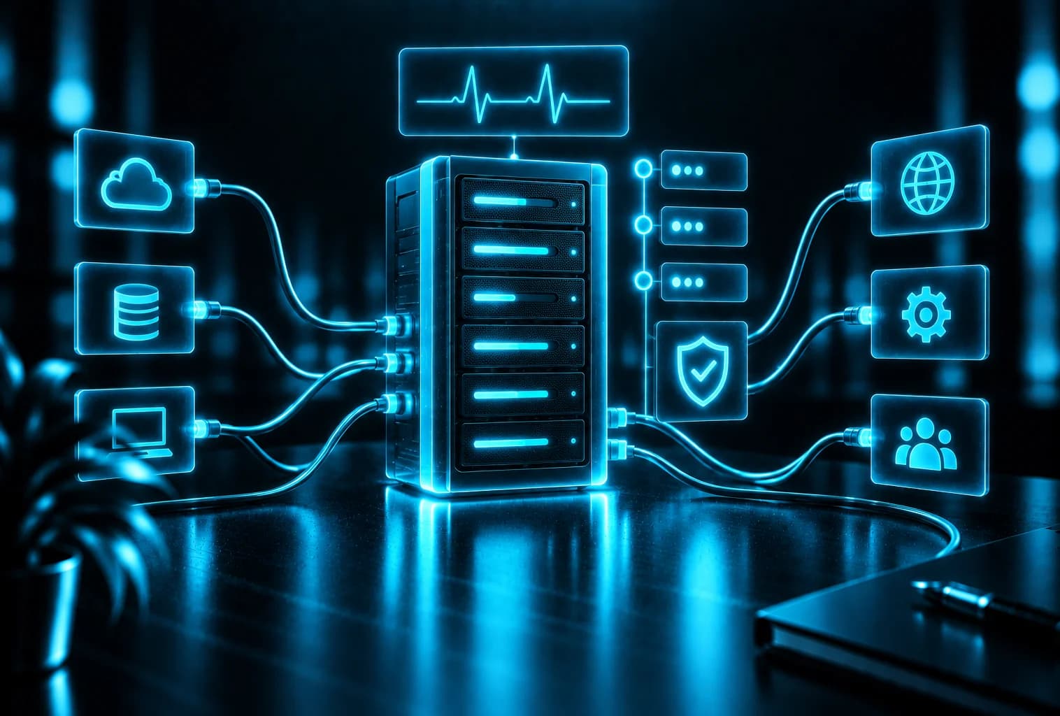 Server im Betrieb mit Herzschlaglinie, Schutzschild und Anschlüssen zu verschiedenen Diensten