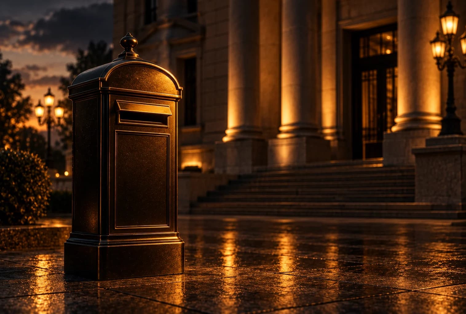 Briefkasten vor einem Amtsgebäude am Abend