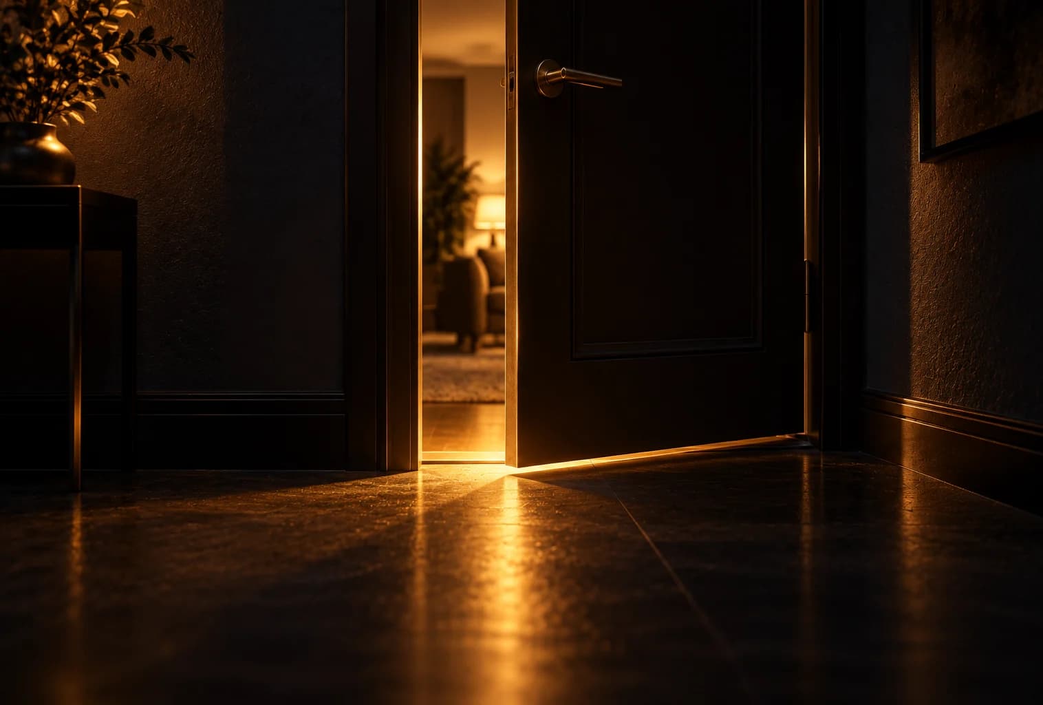 Einen Spalt geöffnete Tür, durch die Licht aus dem Nebenraum fällt