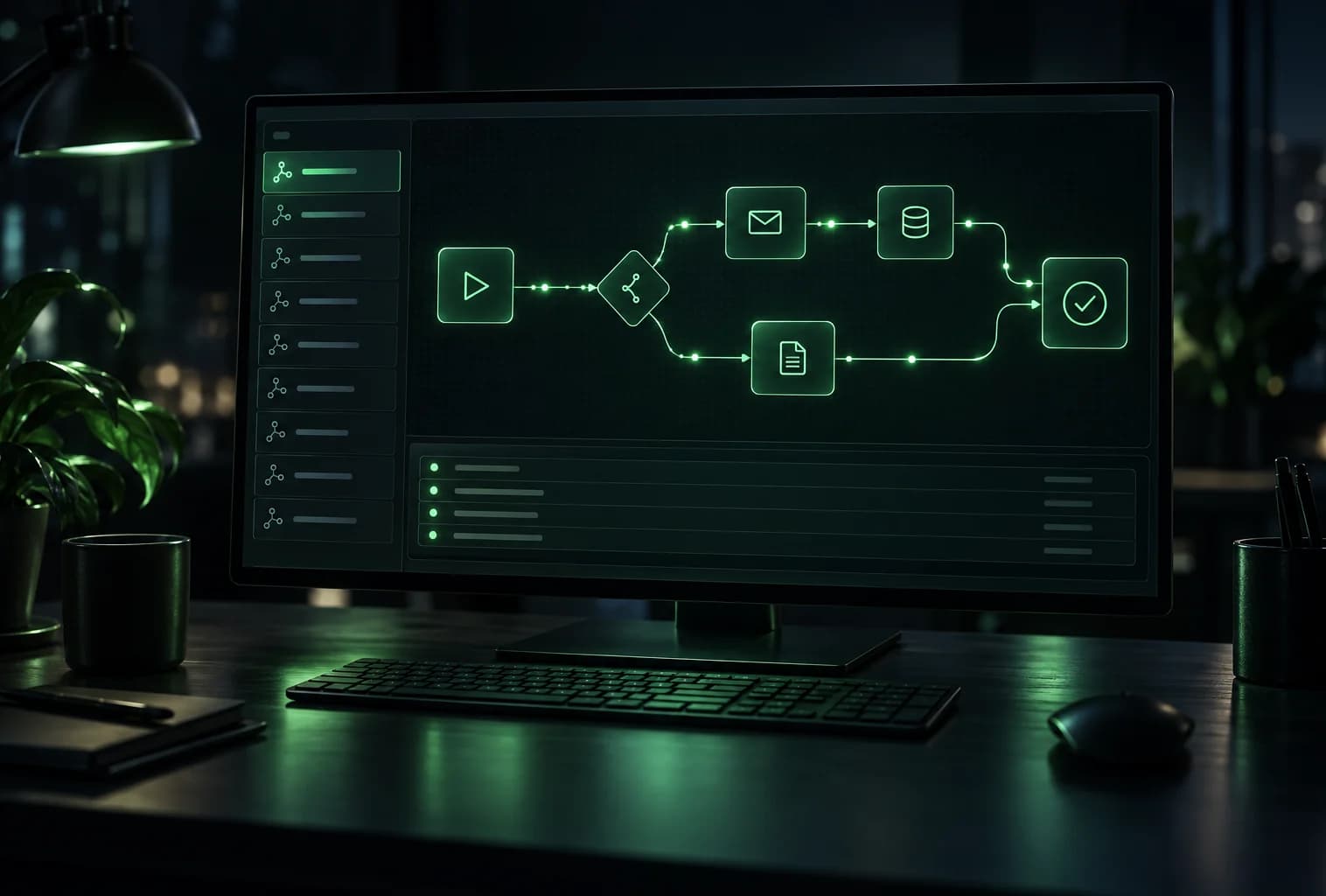 Monitor mit einer Automatisierungssoftware, die einen Workflow aus Auslöser, Bedingung, E-Mail und Datenbank zeigt