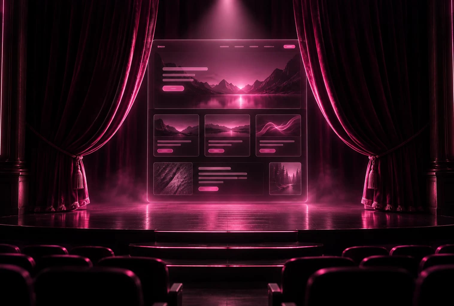 Theaterbühne, deren Vorhang sich vor einer Website öffnet – Sinnbild für einen starken digitalen Markenauftritt