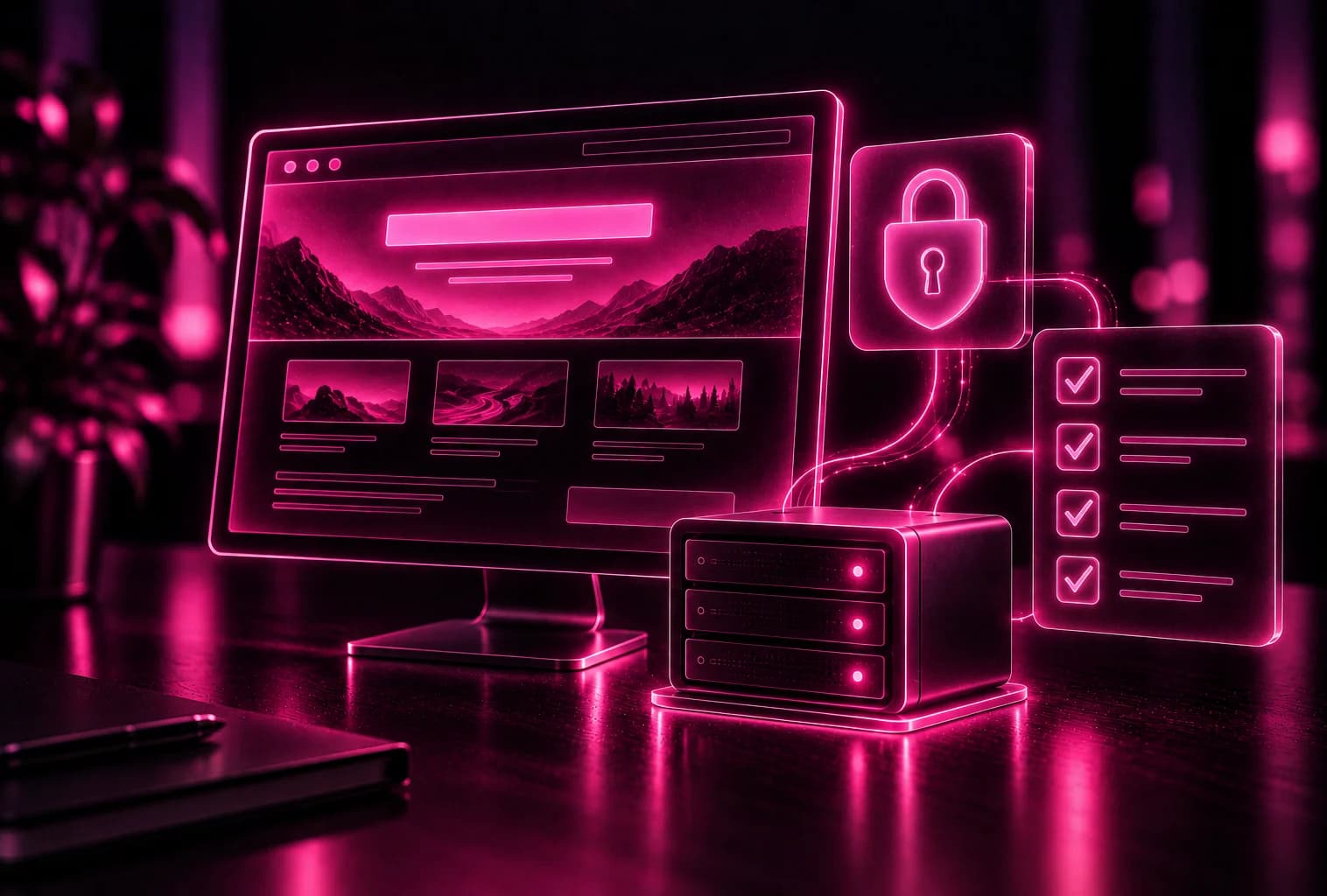 Website mit Server, Schloss für SSL und abgehakter Update-Liste – Hosting und Pflege
