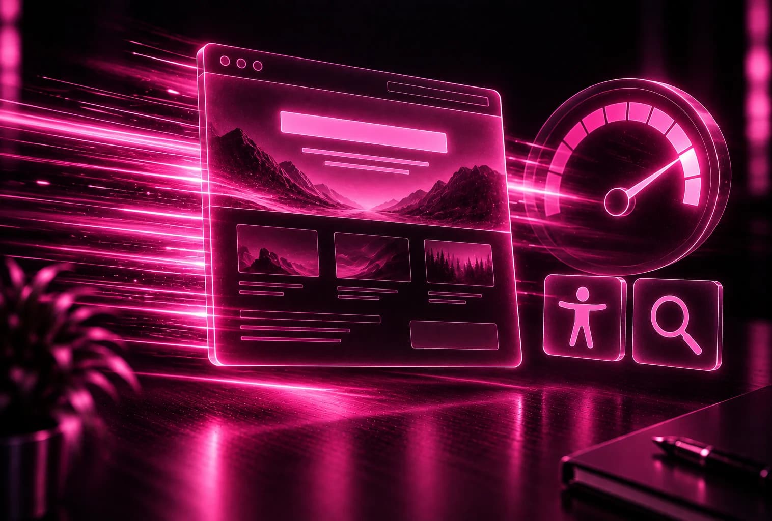 Schnelle Website mit Tachometer sowie Symbolen für Barrierefreiheit und Suche