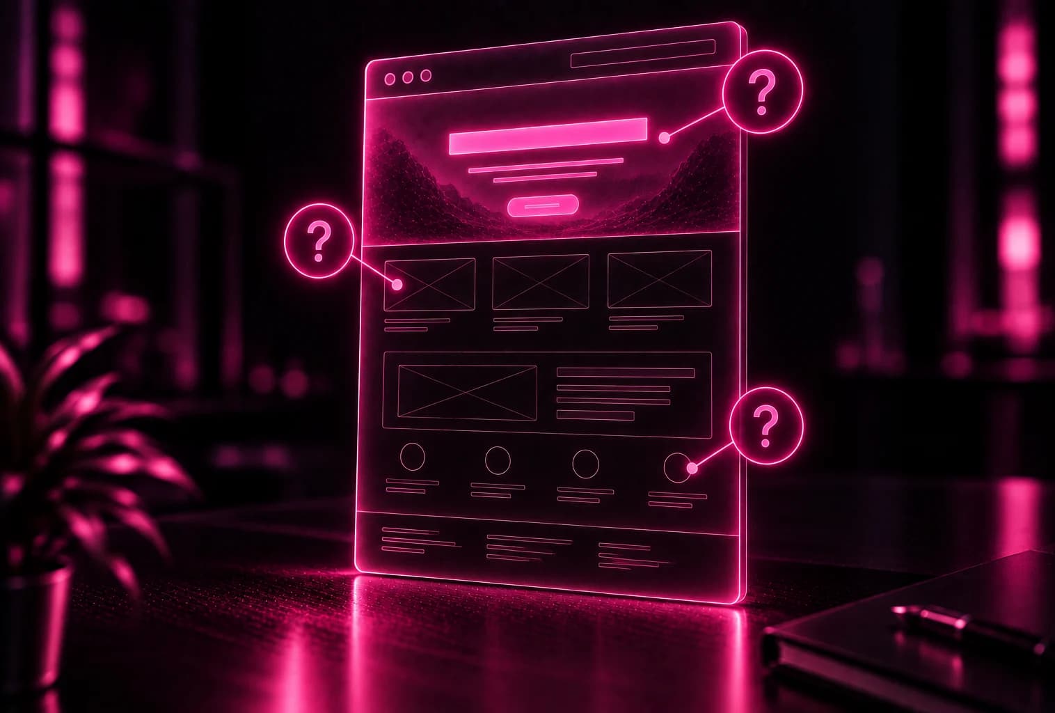 Website-Wireframe mit Fragezeichen an einzelnen Bereichen – häufige Fragen zur Website-Entwicklung