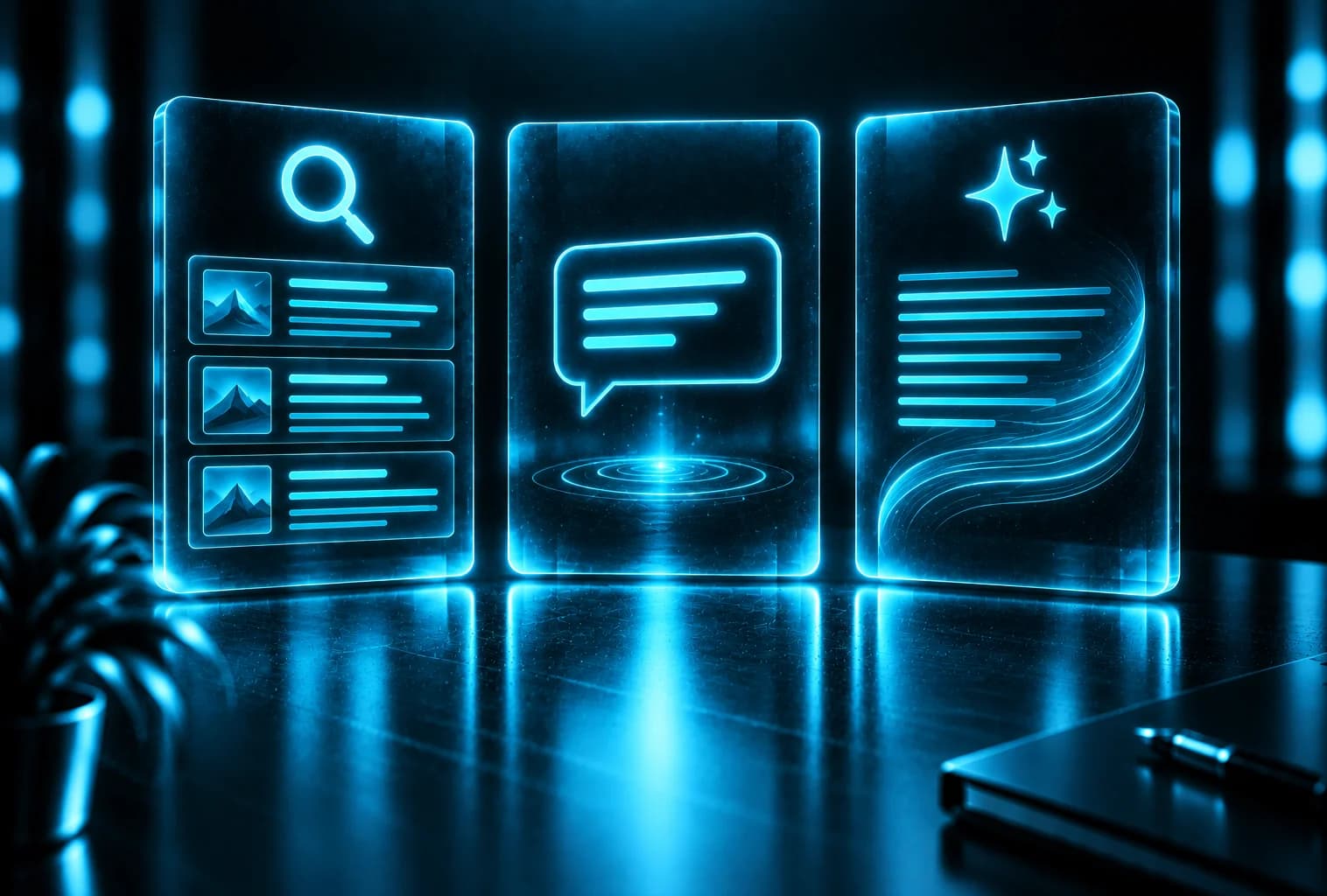 Drei Karten für SEO, AEO und GEO: Trefferliste, direkte Antwort und generierte Antwort