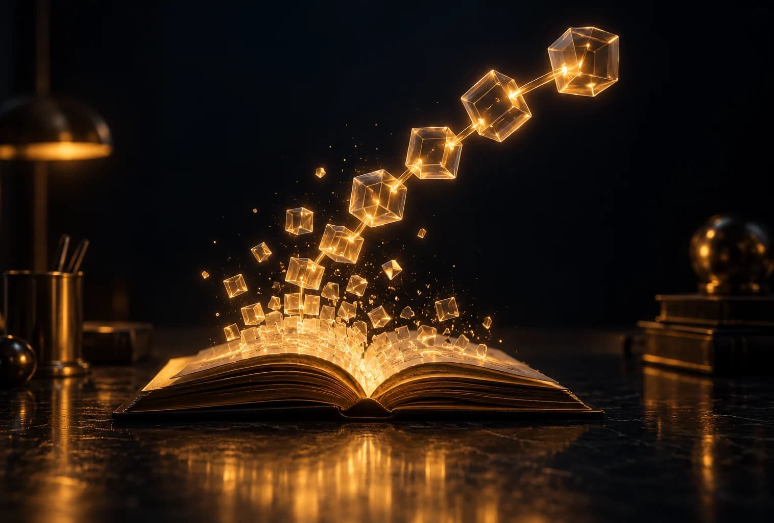 Aus einem Buch steigen Bausteine auf und verbinden sich zu einer Kette – Leitfaden zu MCP für Websites