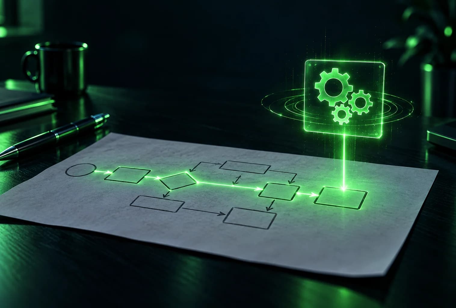 Ein gezeichneter Arbeitsablauf wird nachgezeichnet, bevor ein Zahnradmechanismus ihn automatisiert