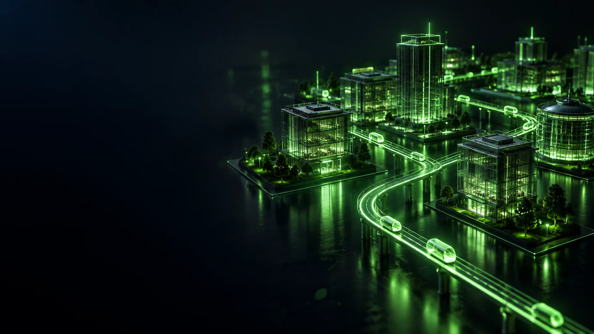Miniaturstadt aus Abteilungen, zwischen denen Daten automatisch auf Schienen transportiert werden