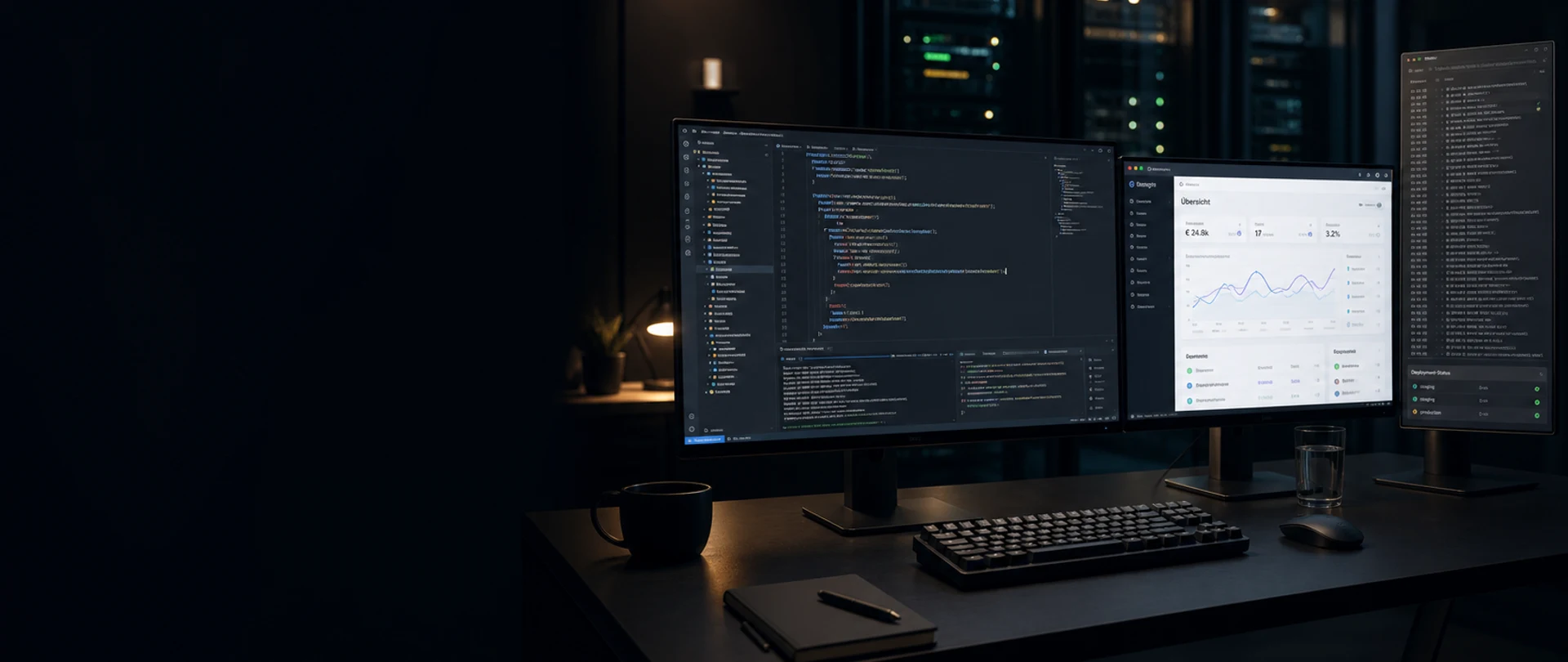 Nächtlicher Entwicklerarbeitsplatz mit mehreren Monitoren für Code und Auswertungen