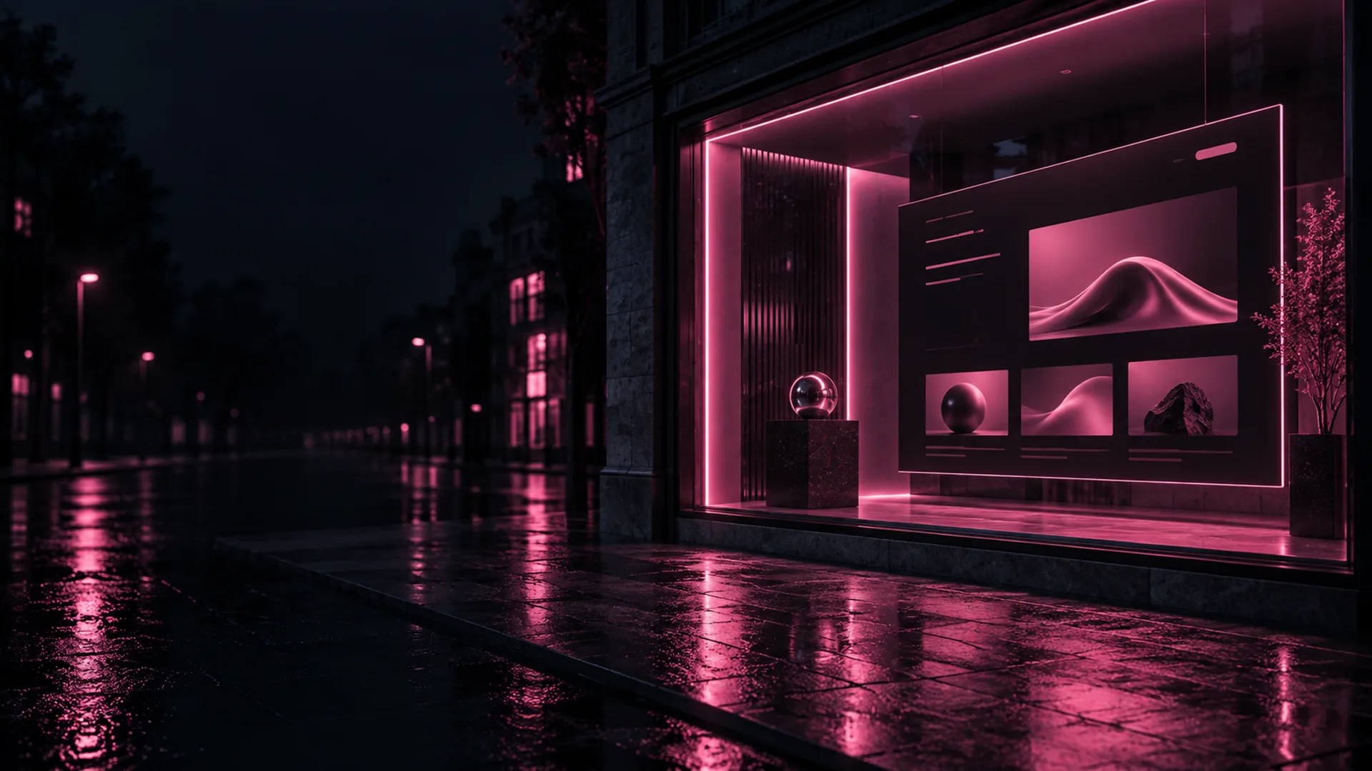 Website als beleuchtetes Schaufenster an einer nächtlichen Straße